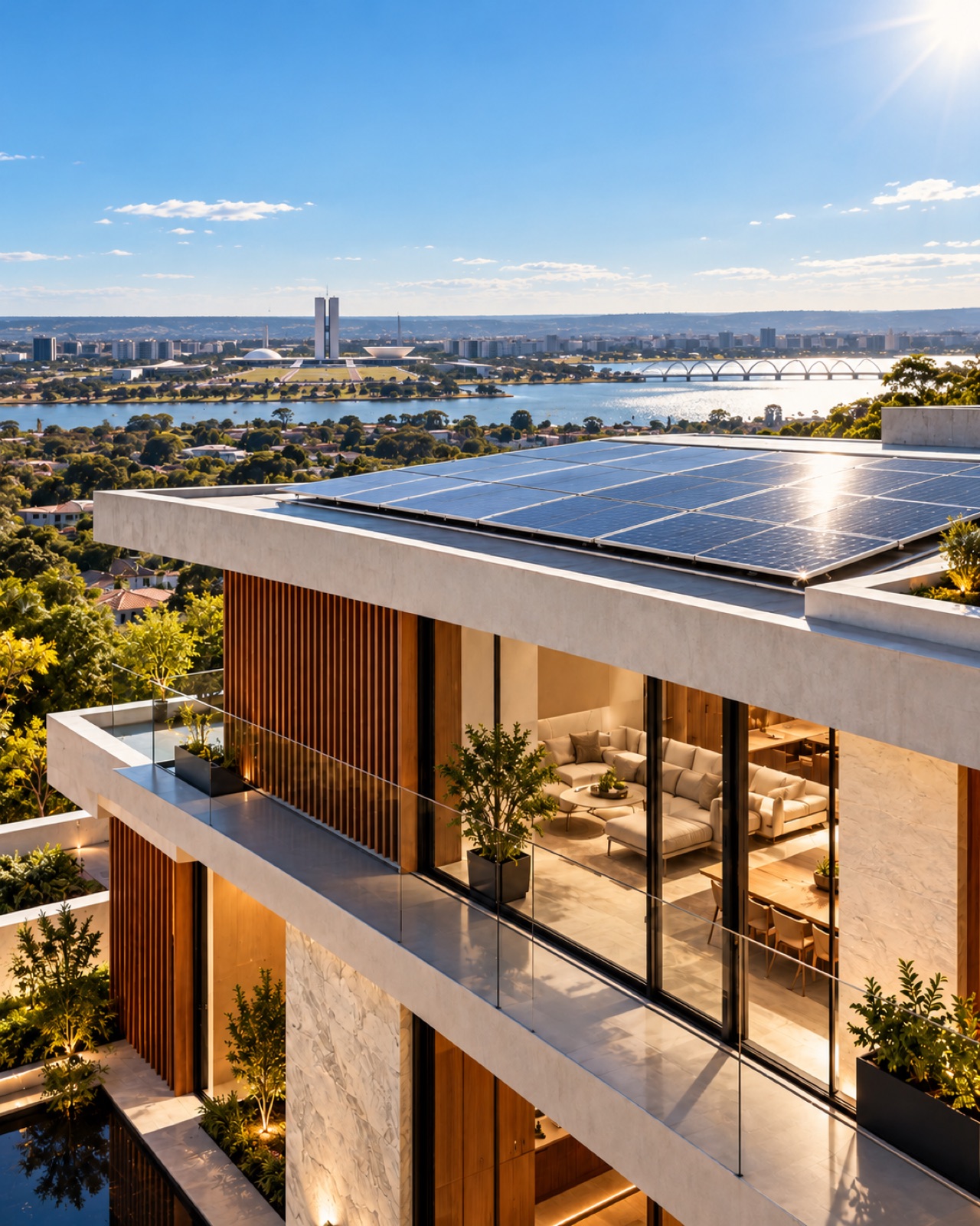 Cobertura com painéis solares ao entardecer