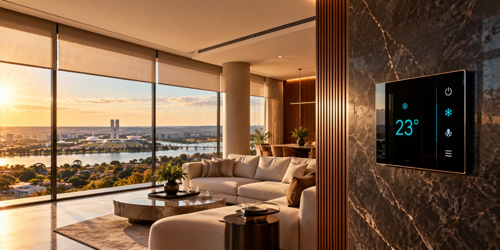 Sala com vista de Brasília e painel de climatização na parede marcando 23 °C
