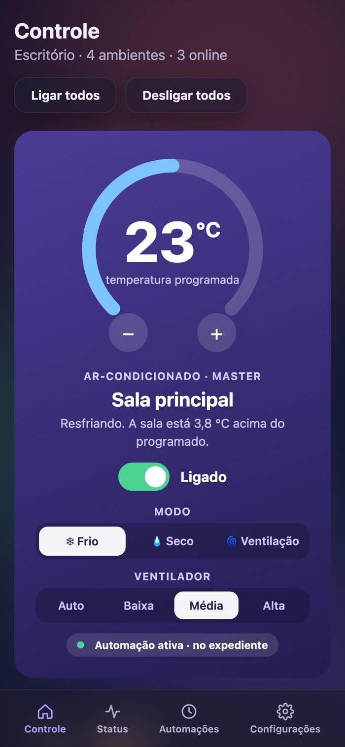 Painel do Control Pro no celular: controle do ar da sala principal