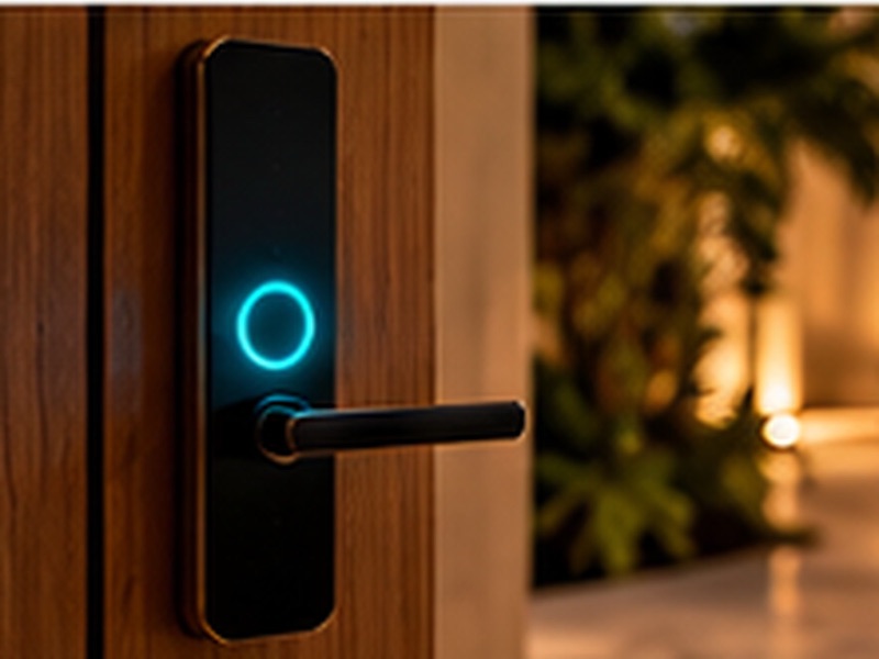 Fechadura digital preta com luz turquesa em porta de madeira