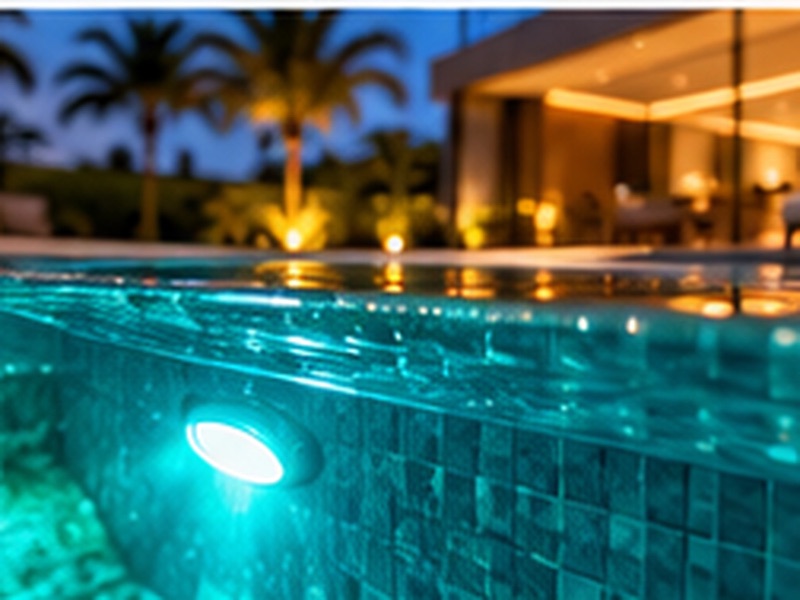 Borda de piscina com luz subaquática turquesa ao anoitecer