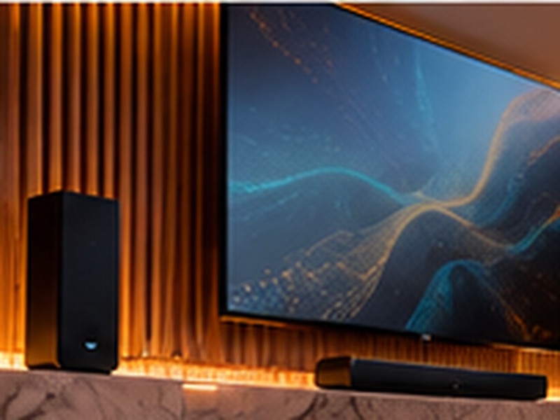 Home theater com tela grande, soundbar e caixa acústica