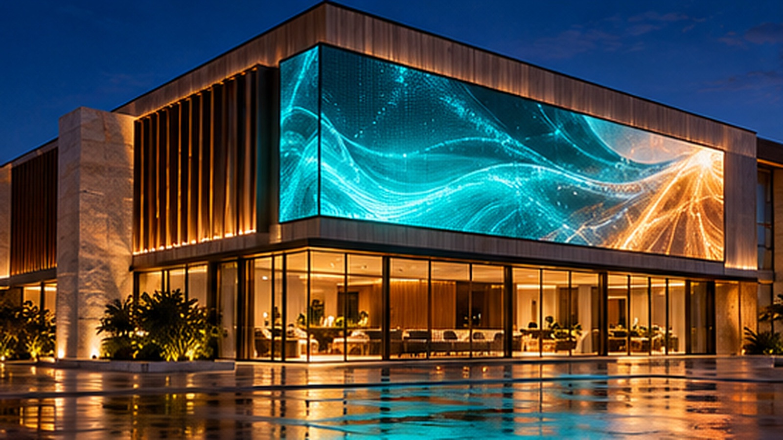 Fachada comercial à noite com painel de LED integrado exibindo luz turquesa e âmbar