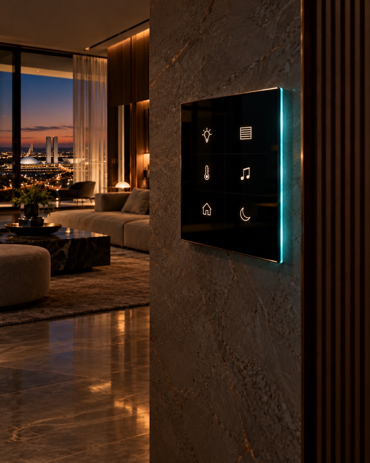 Painel de automação touch em parede de pedra, com a sala ao fundo